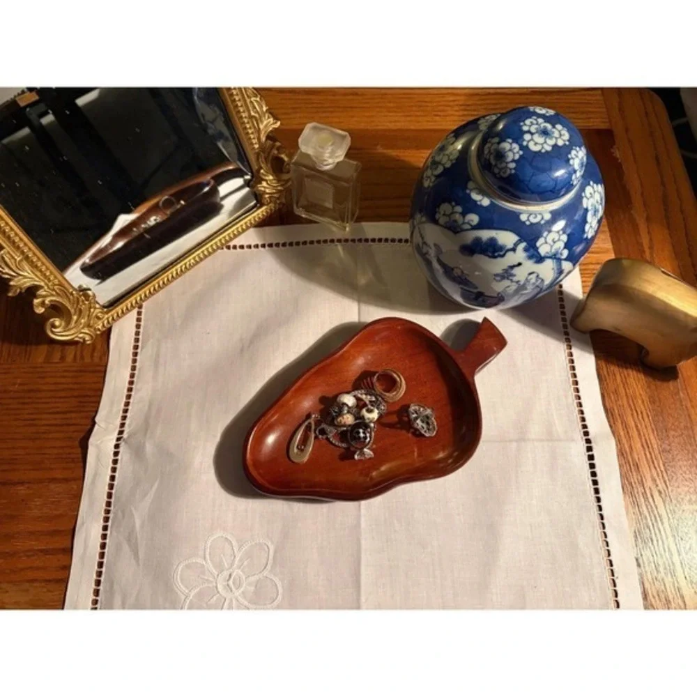 Vintage Haitian Mahogany Wood Leaf Dish - Hand‎ Carved MCM Trinket Tray